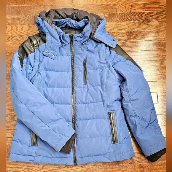 Danier Winter Down Filled Leather Blue Black Jacket size L Fitted - Picture 1 of 14